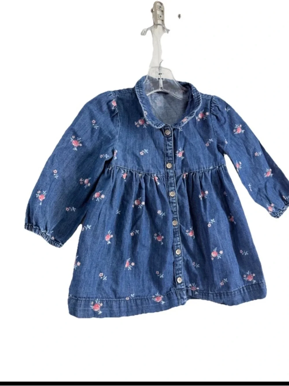 Baby GAP Girls Long Sleeve Floral Chambray Light‎ Denim Dress Sz 18-24M